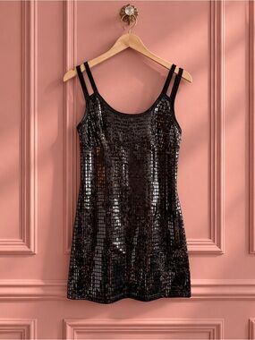 Rare Lip Service 2000 Vintage Black Metallic Grid Mirror Tiles Mini Dress